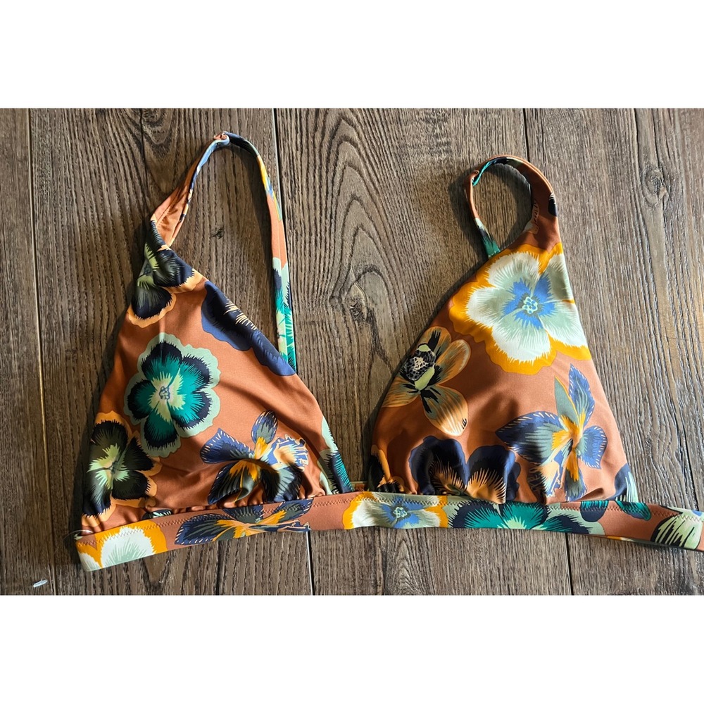 Aerie Floral Triangle Bikini Top Orange Teal Yellow Small